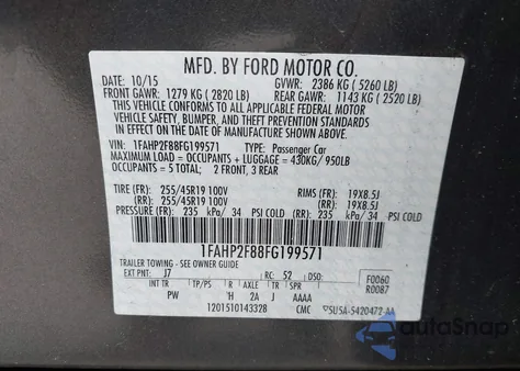 2015 Ford Taurus Limited z USA, uszkodzony, nr VIN 1FAHP2F88FG199571